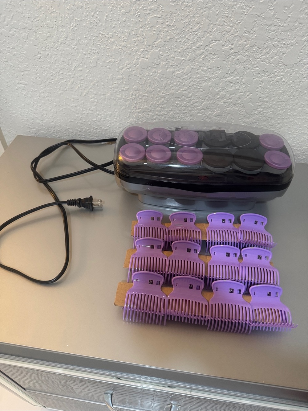 Heated Hair Roller Set with Purple Rollers and Clips